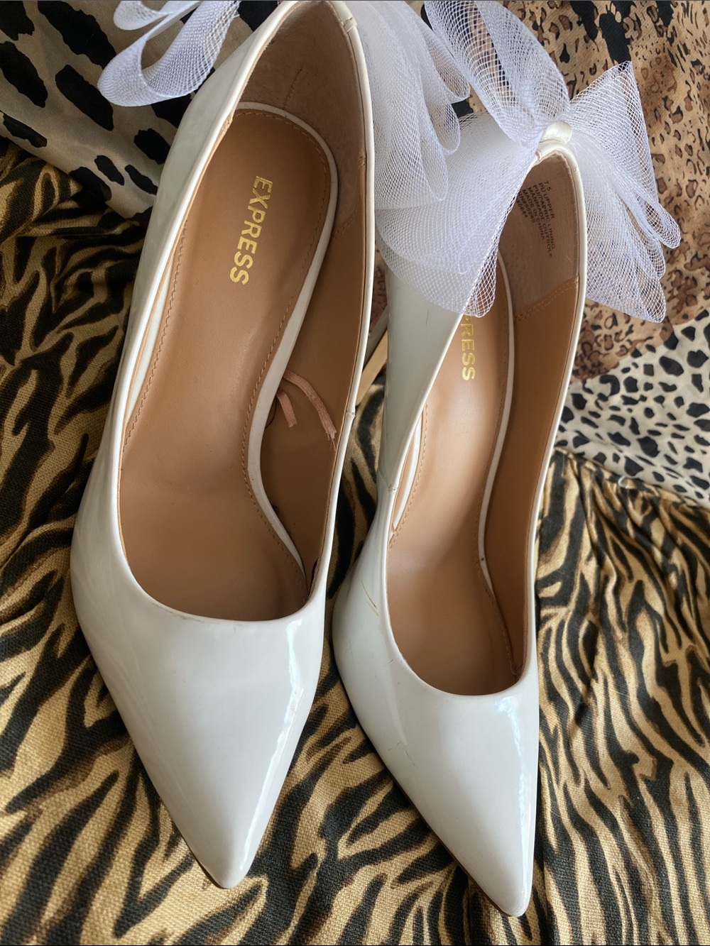 Express White Patent Pointed Pumps